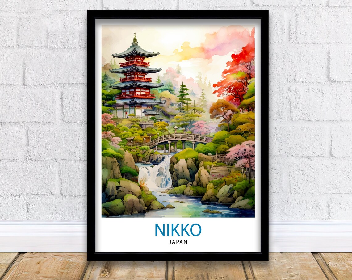 Nikko Japan Watercolor Five Story Pagoda Waterfall Garden Poster