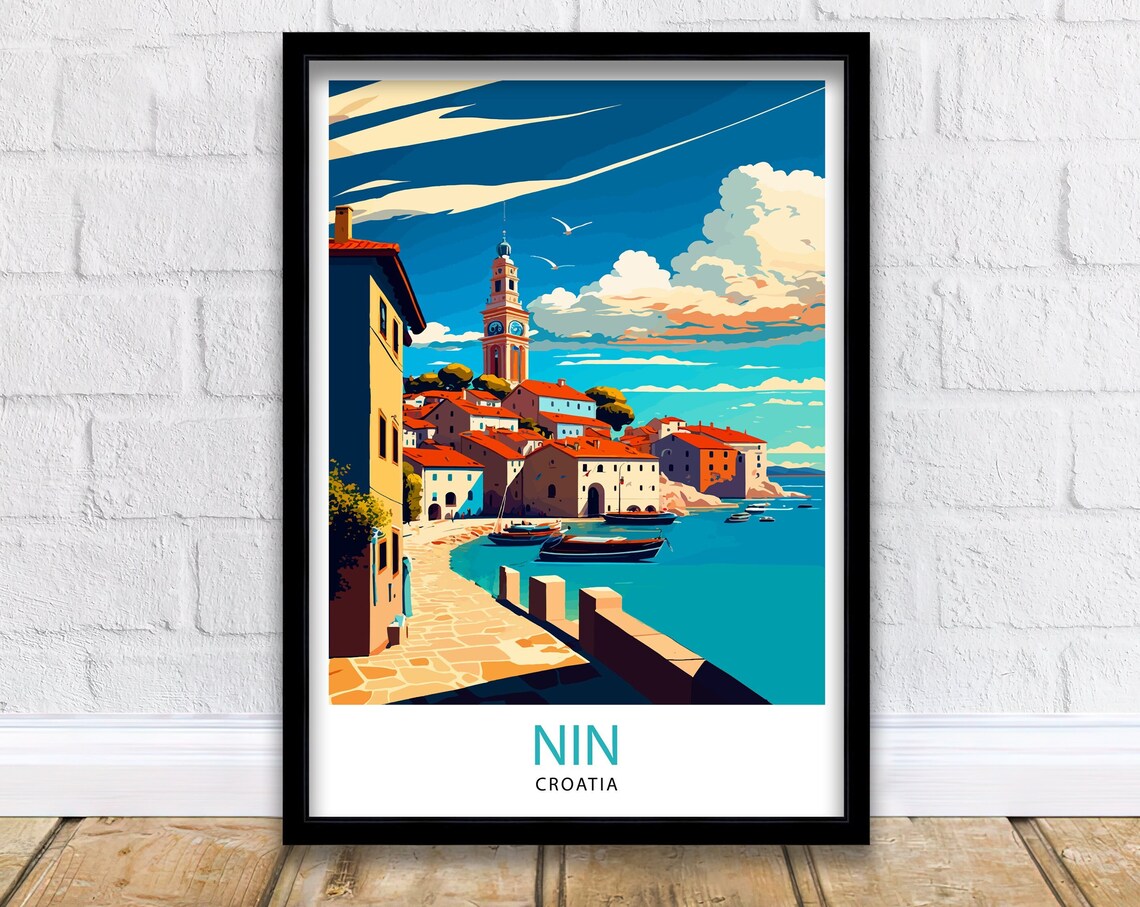 Nin Croatia Coastal Old Town Church Tower Boats Vintage Travel Poster