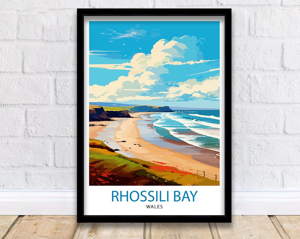 Rhossili Bay Wales Sandy Beach Coastline Surf Seaside Travel Poster