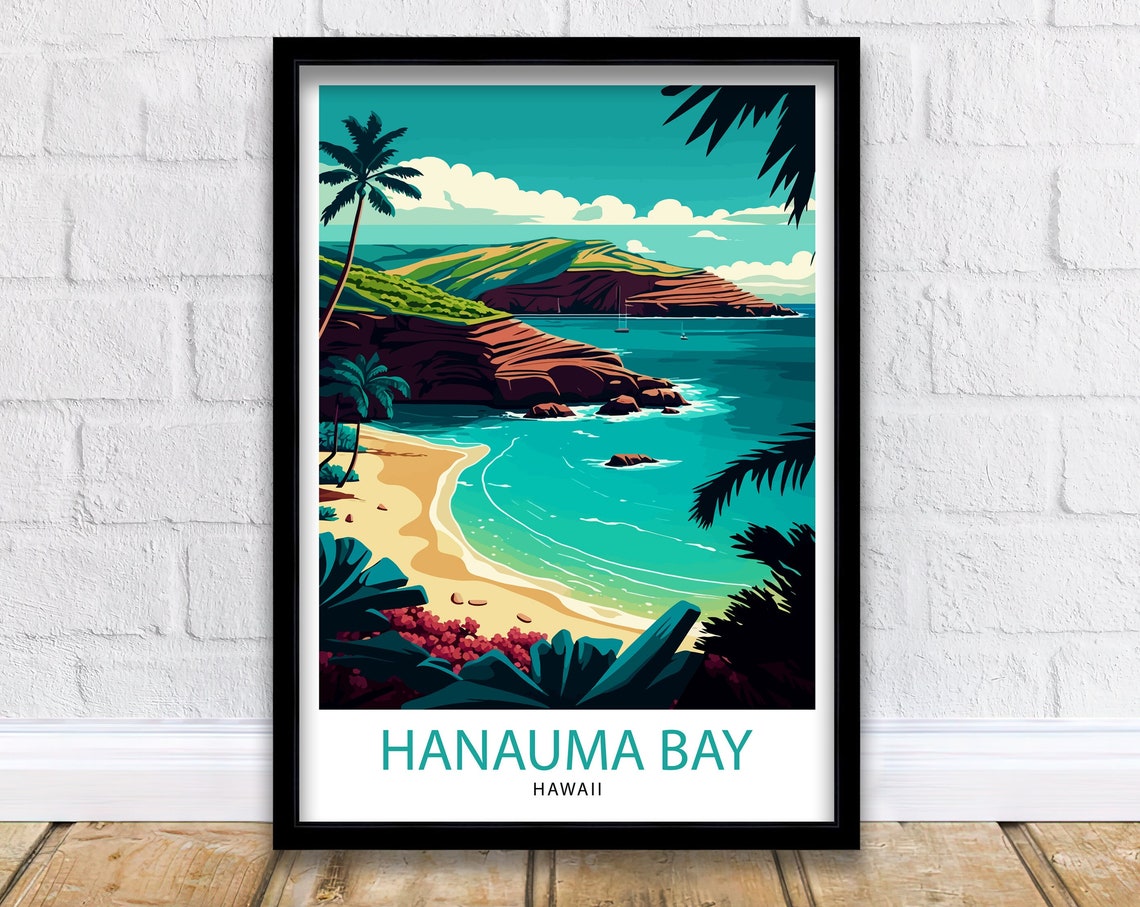 Hanauma Bay Hawaii Tropical Beach Palms Travel Illustration Poster