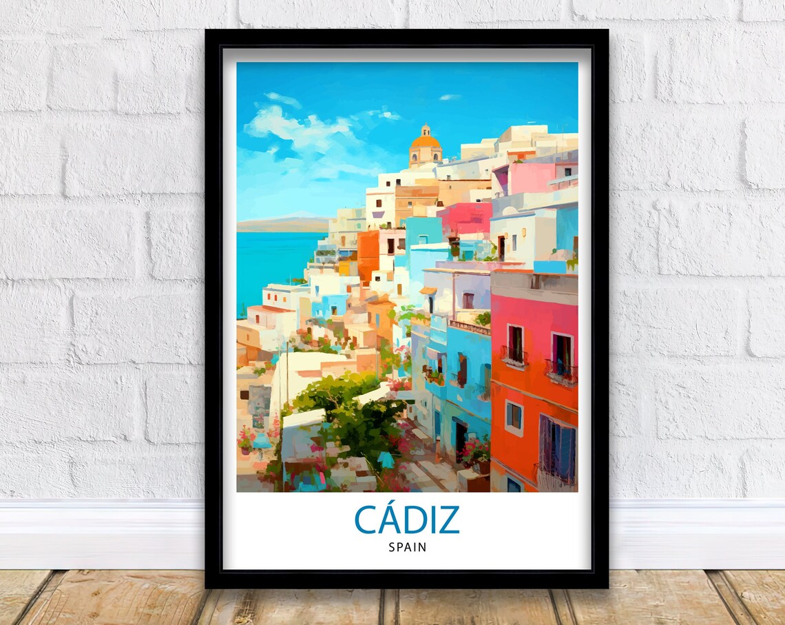 Cadiz Spain Colorful Coastal Old Town Hillside Harbor Travel Poster