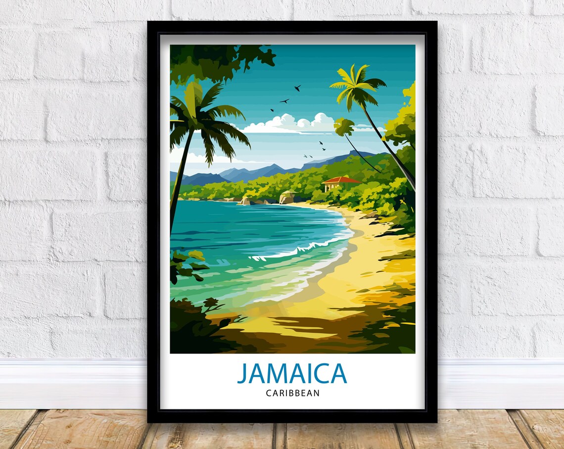 Jamaica Caribbean Tropical Palm Beach Golden Sand Cove Travel Poster
