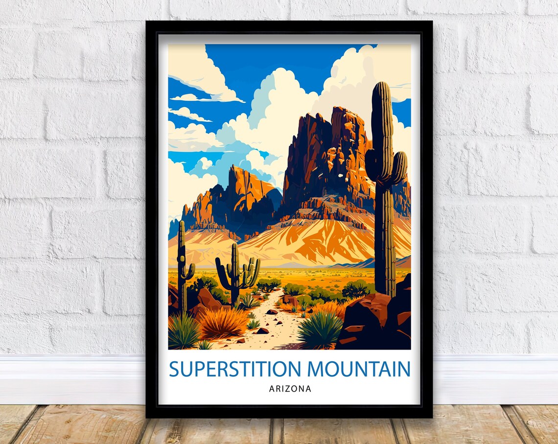 Superstition Mountain Arizona Desert Saguaro Cacti Travel Poster