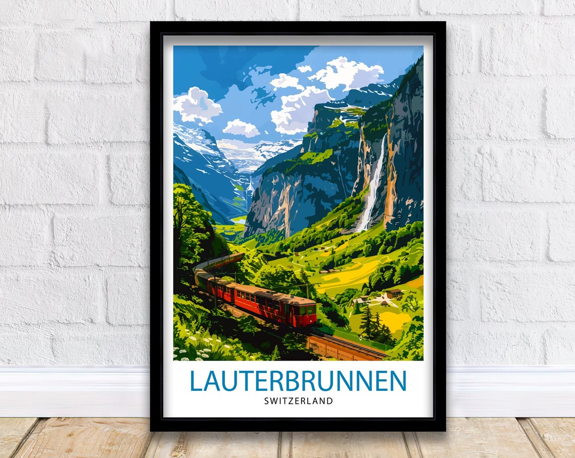 Lauterbrunnen Switzerland Red Train Waterfalls Valley Travel Poster
