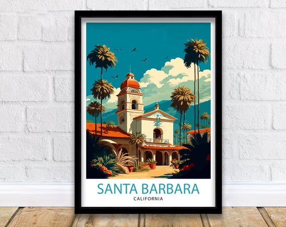 Santa Barbara California Mission Style Building Palms Poster