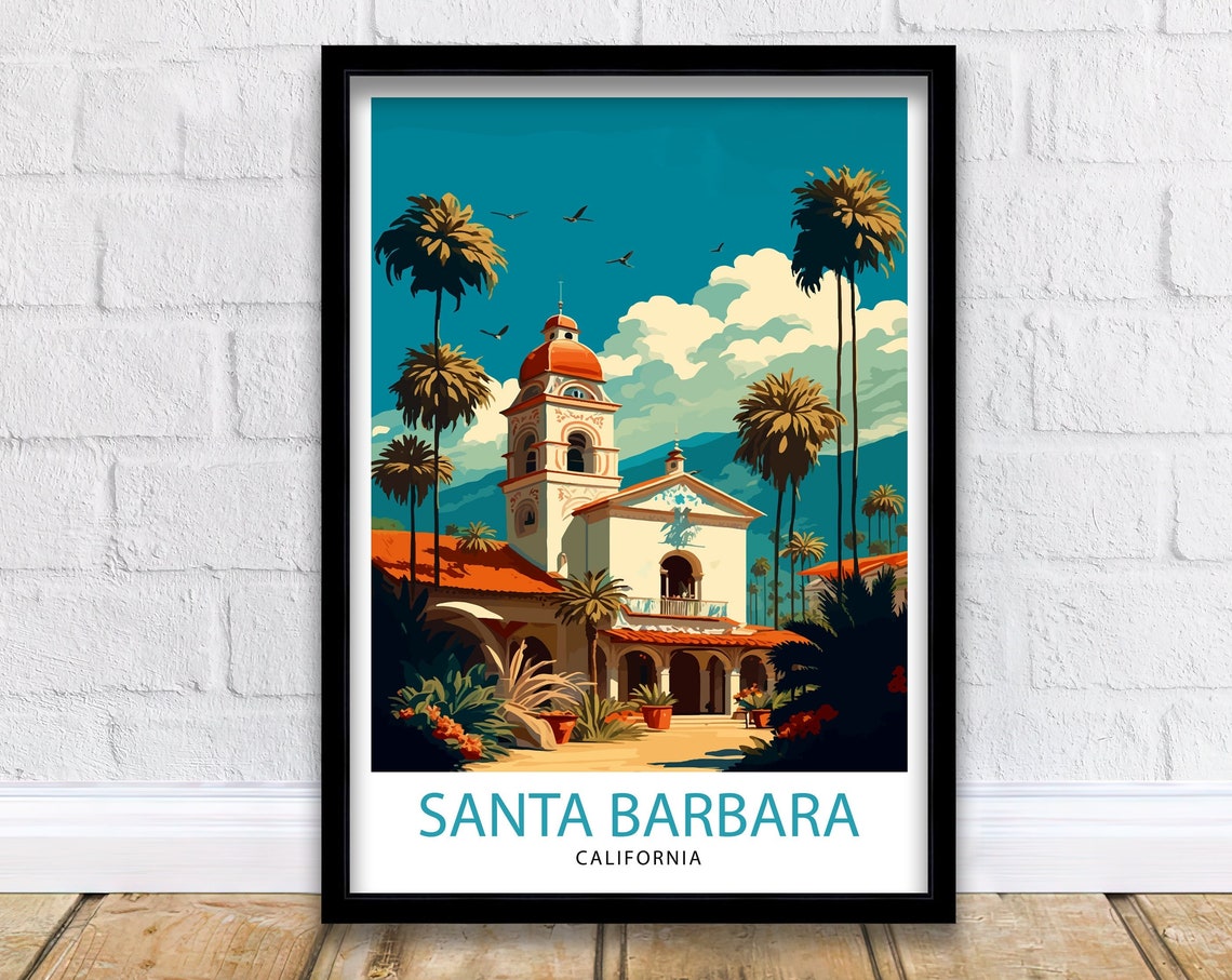 Santa Barbara California Mission Style Building Palms Poster