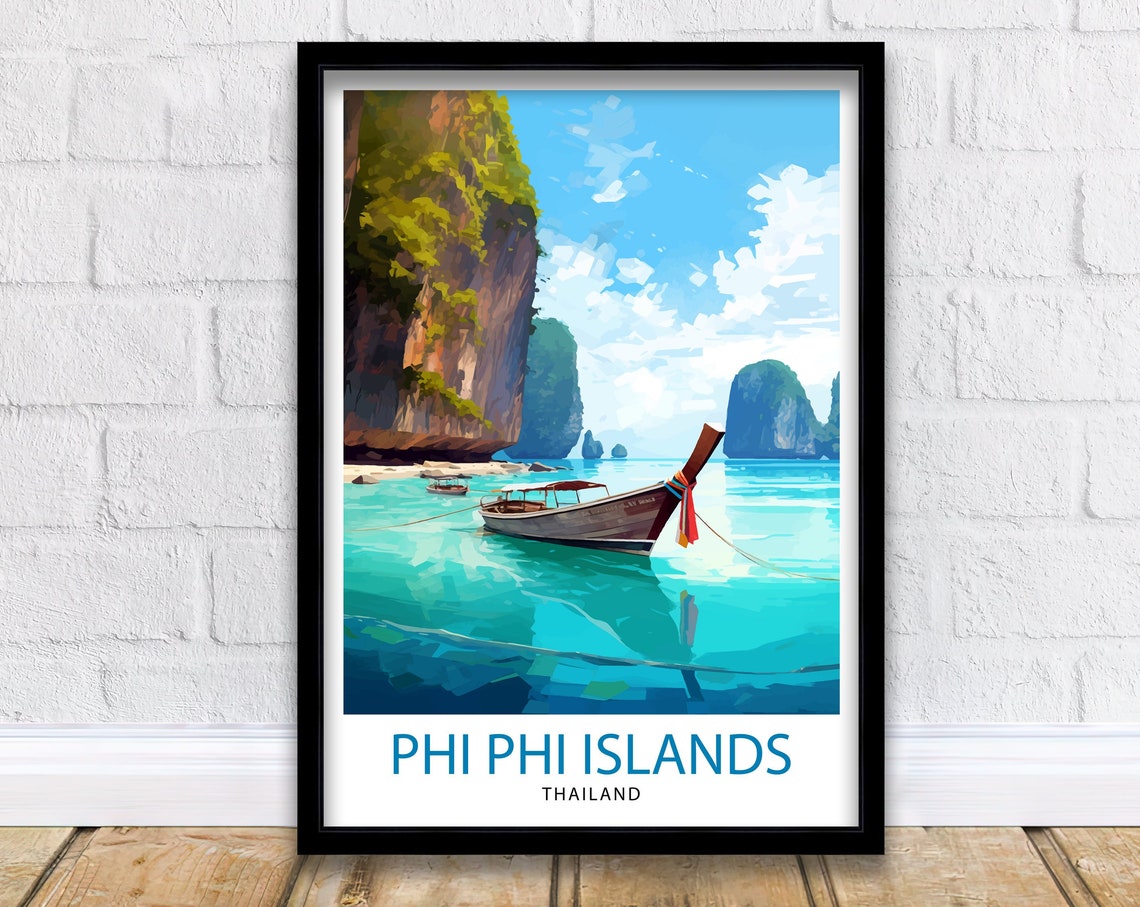 Phi Phi Islands Thailand Longtail Boat Karst Cliffs Travel Poster