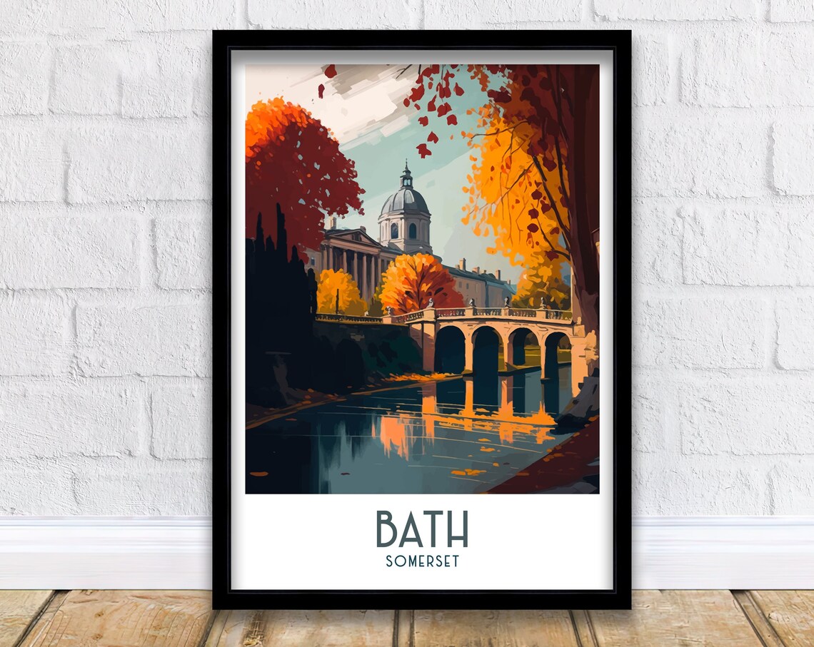 Bath Somerset Historic Bridge Autumn Scene Travel Art Poster