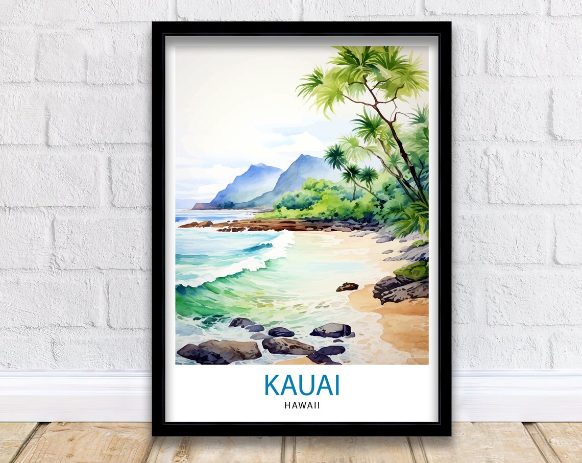 Kauai Hawaii Tropical Beach Cove Palm Trees Watercolor Travel Poster