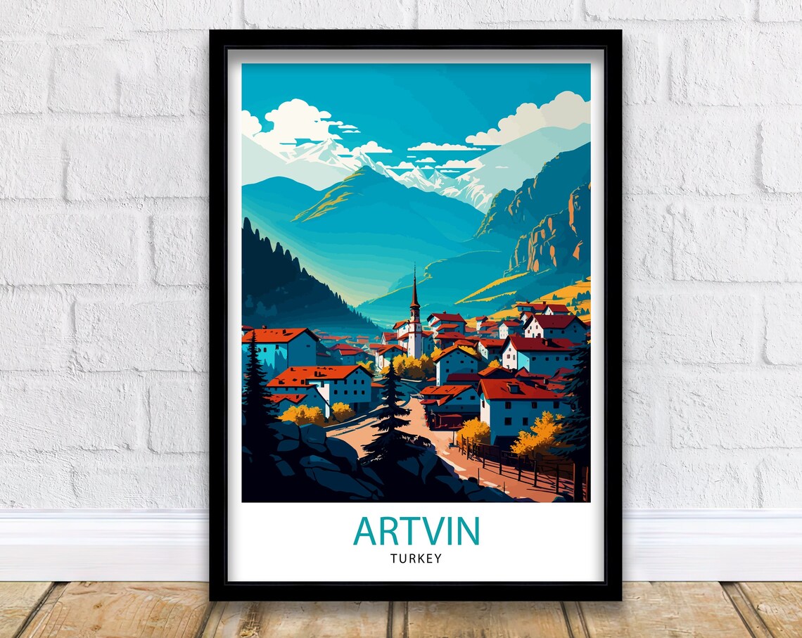 Artvin Turkey Red Roofed Mountain Village Snowy Peaks Travel Poster
