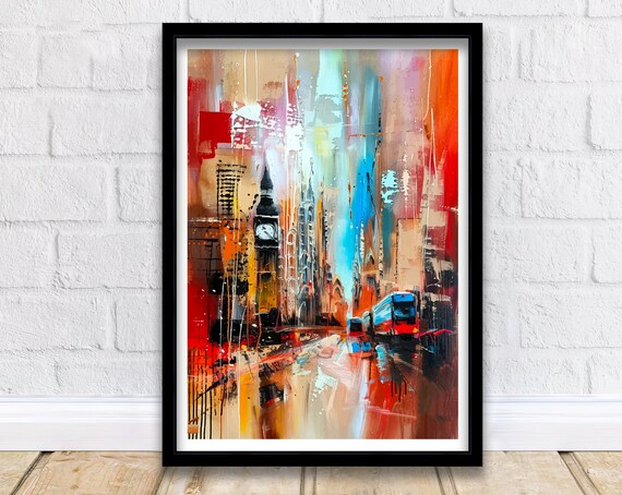 Abstract London Big Ben Red Bus Rainy Street City Art Poster