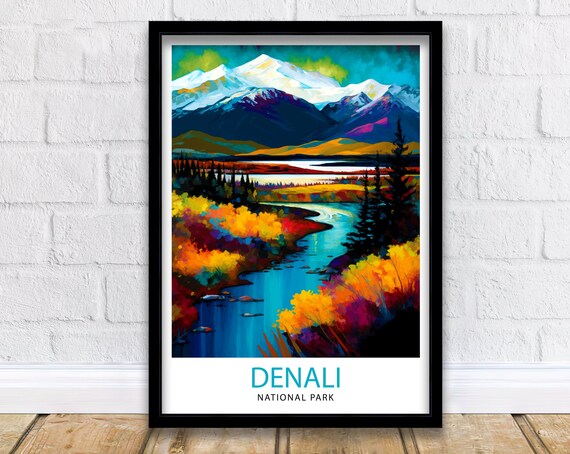 Denali National Park Alaska Vintage Travel Poster Snow Peak River