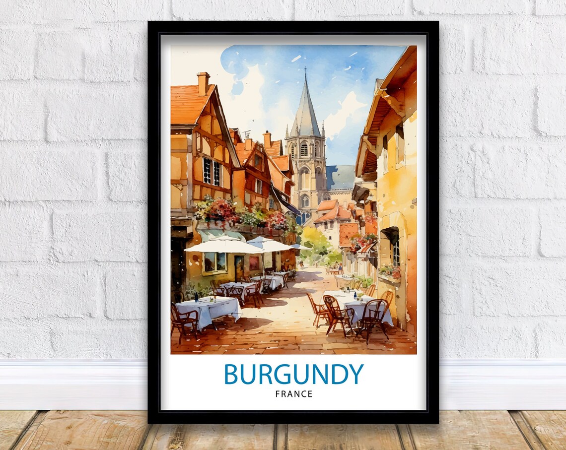 Burgundy Village Street Cafe Terraces Watercolor France Poster