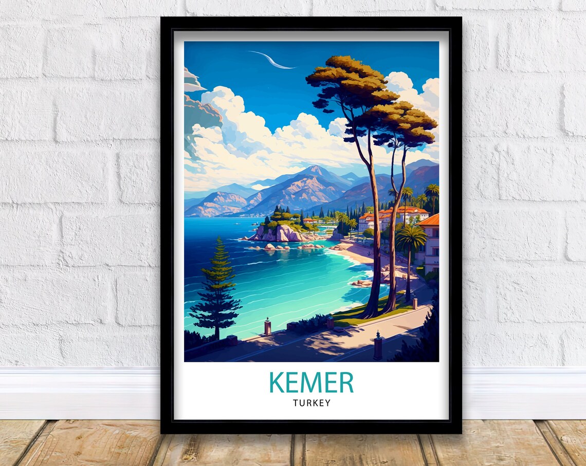 Kemer Turkey Turquoise Coast Pine Trees Mountain Bay Vintage Poster