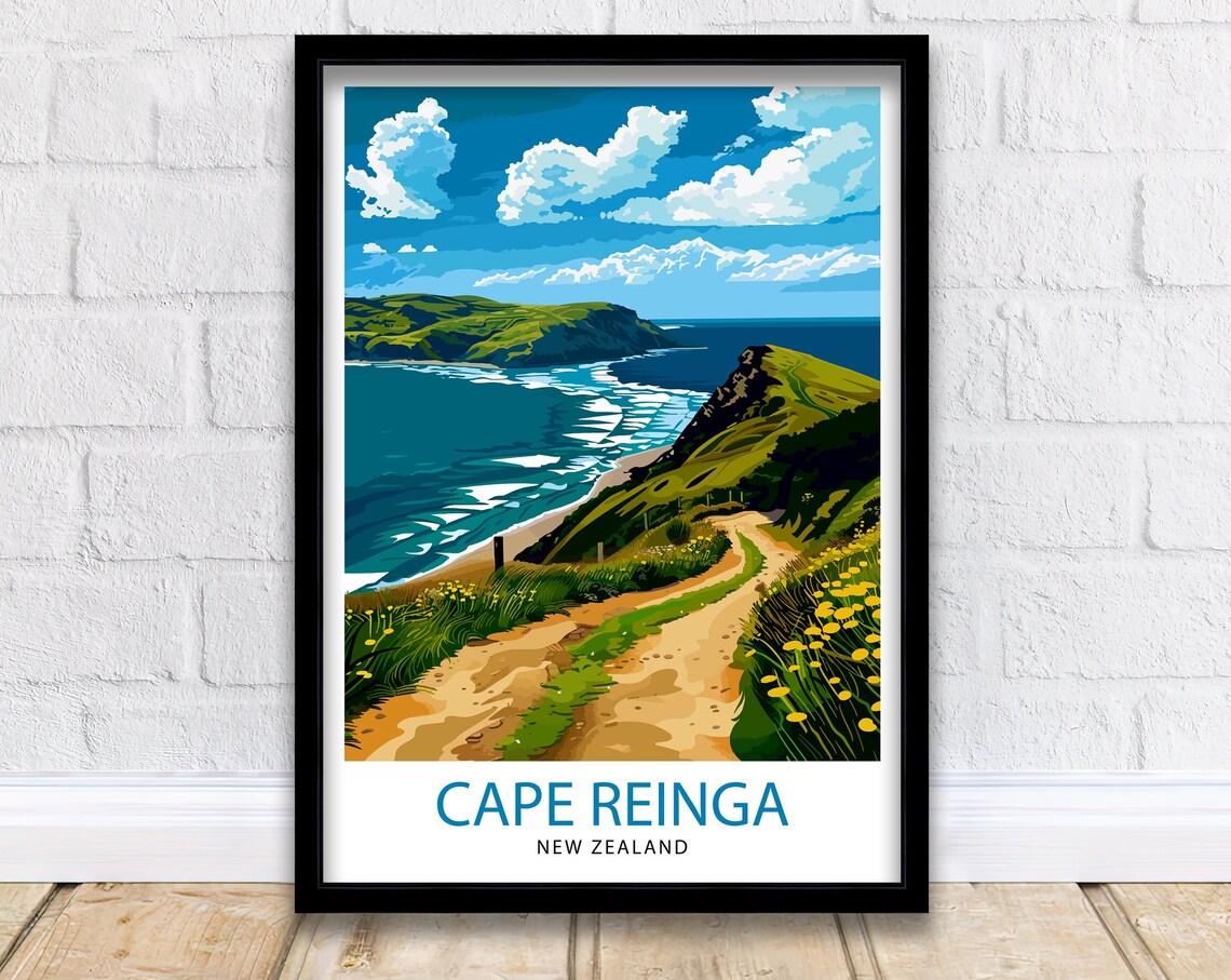 Cape Reinga New Zealand Coastal Headland Vintage Travel Poster