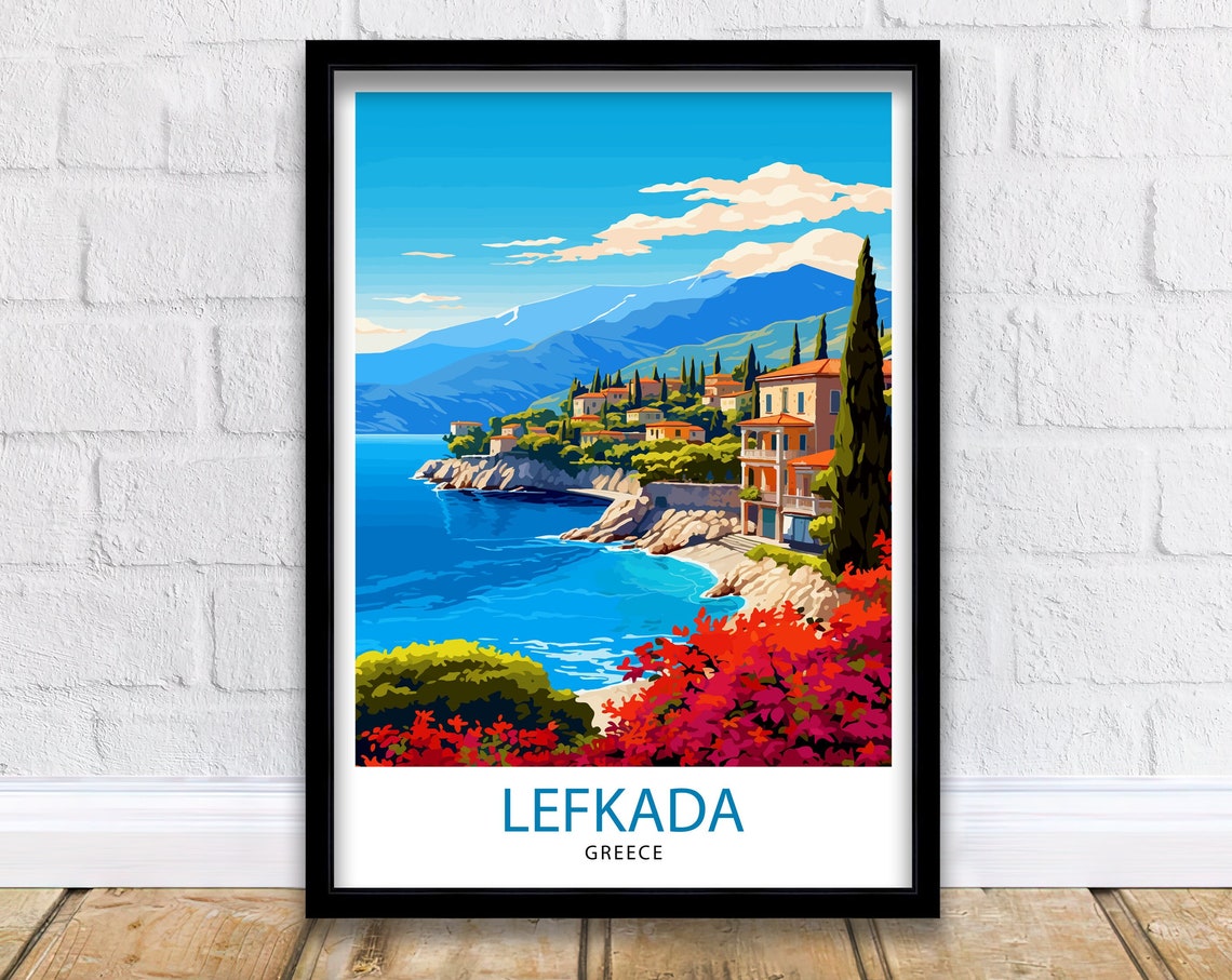 Lefkada Greece Coastal Town Cypress Bougainvillea Cove Poster