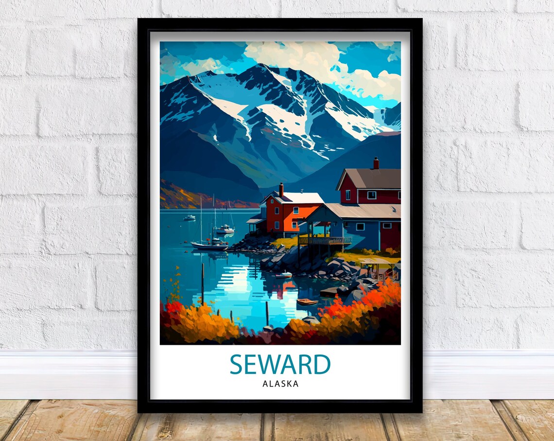 Seward Alaska Harbor Snowy Mountains Cabin Coastal Travel Poster