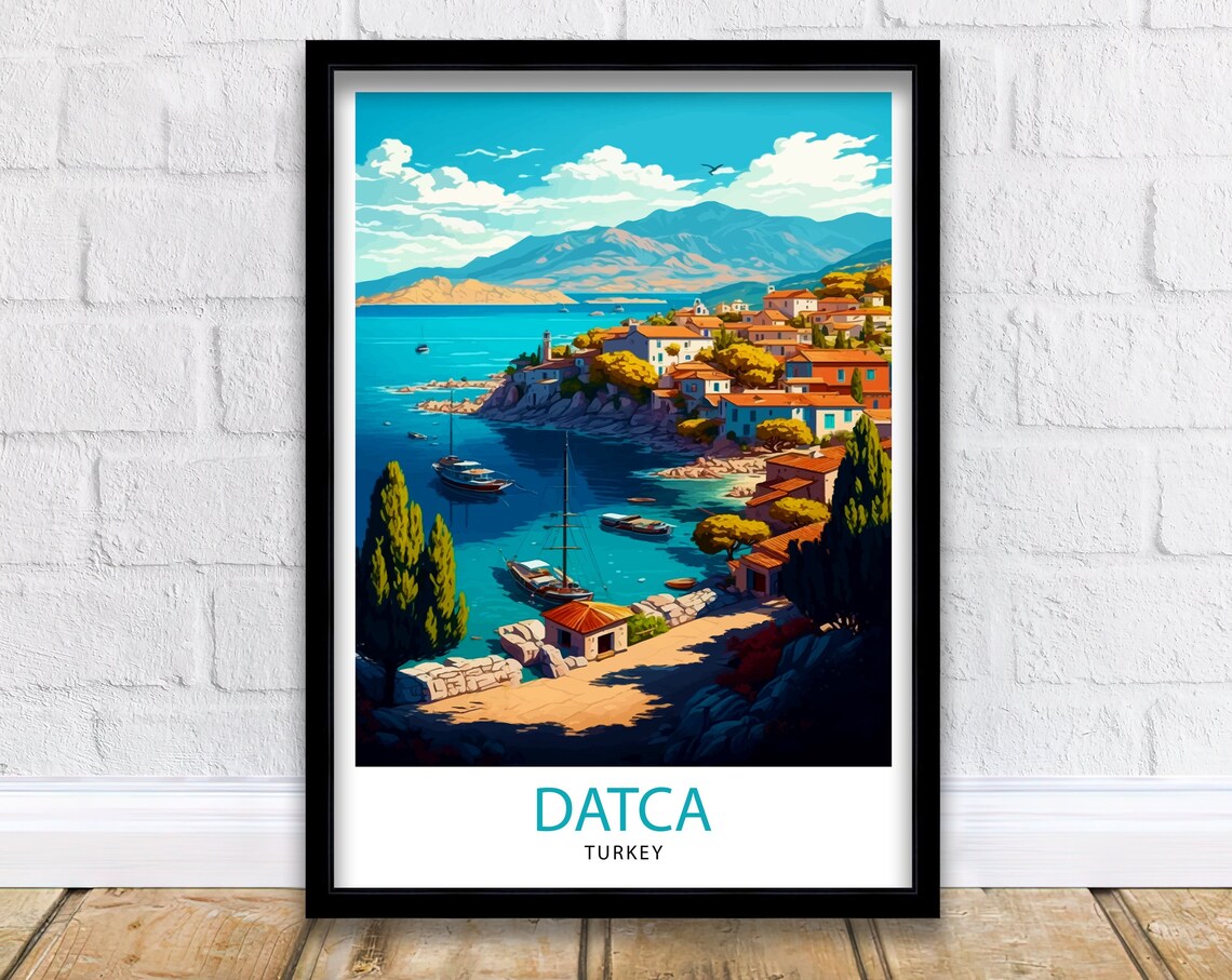Datca Turkey Travel Poster Turquoise Coast Harbor Boats Retro Art