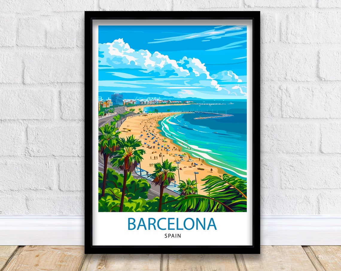 Barcelona Spain Mediterranean Beach Aerial View Travel Art Poster