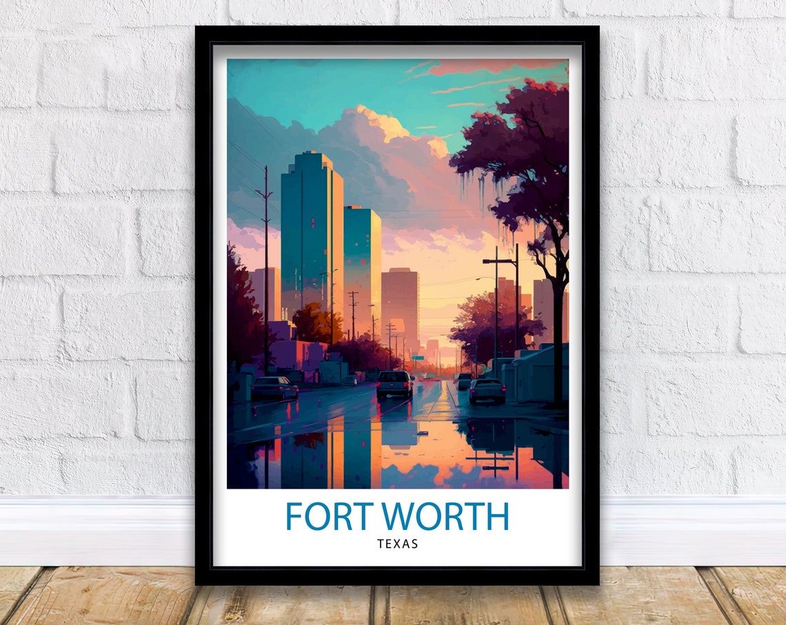 Fort Worth Texas Downtown Sunset Street Skyline Travel Poster