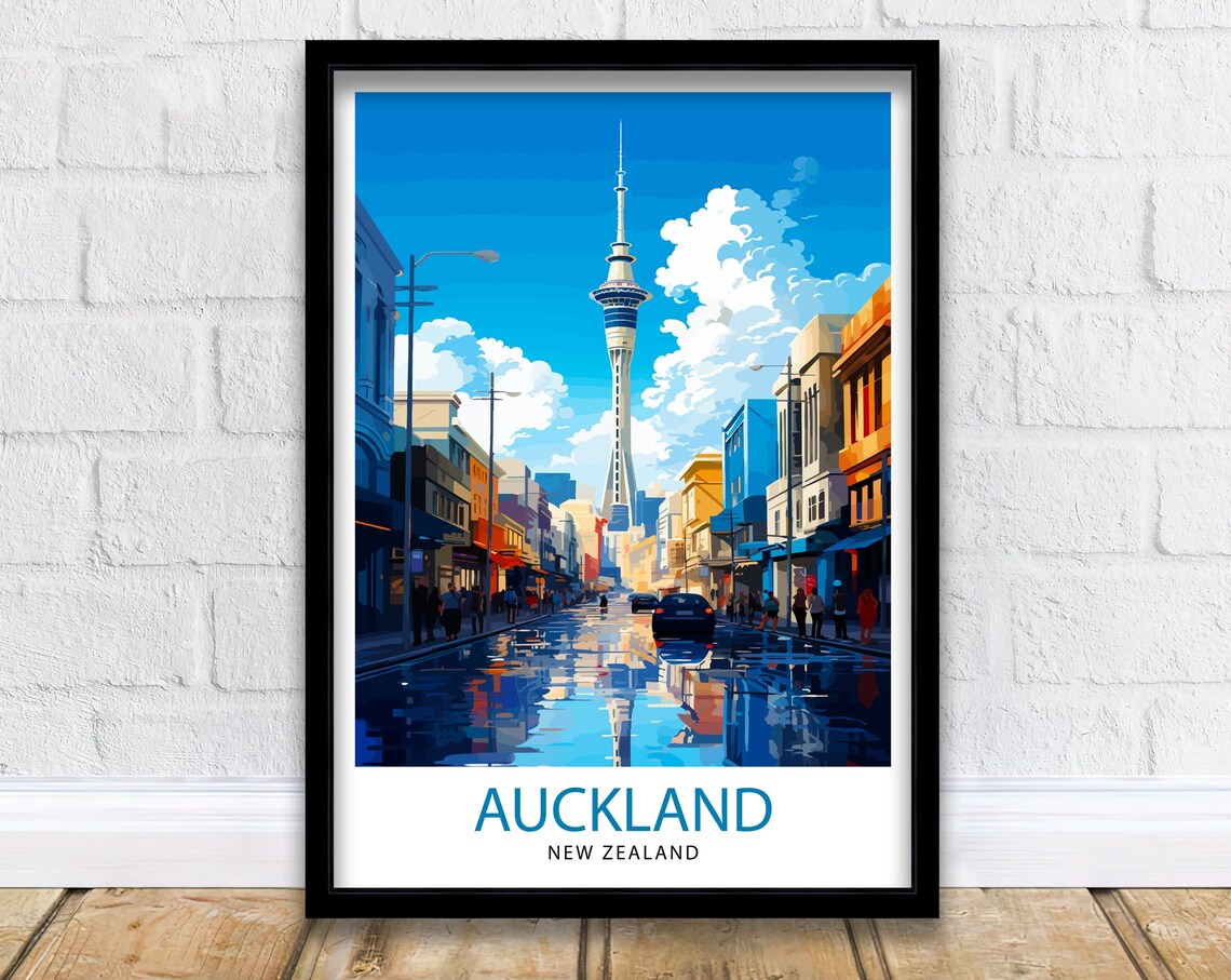 Auckland New Zealand Travel Poster, Skyline Illustration