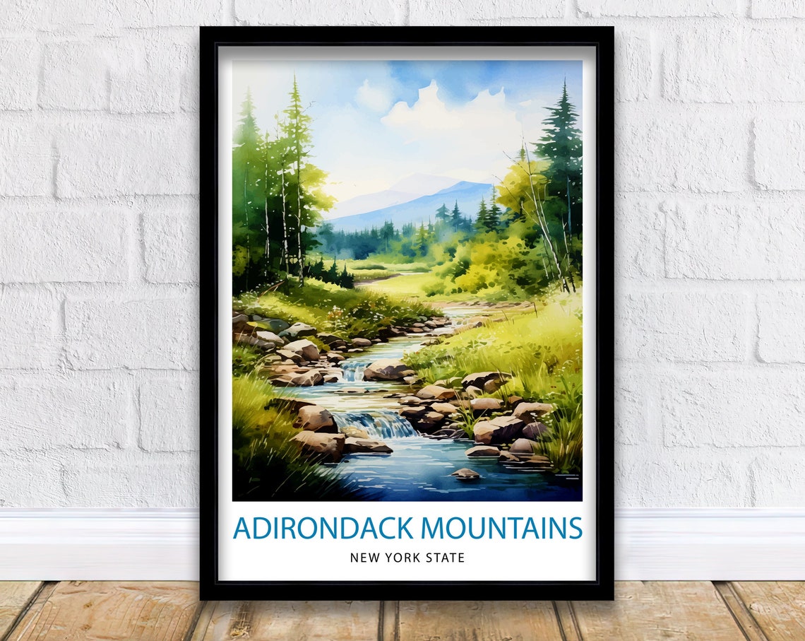 Adirondack Mountains New York Watercolor Stream Forest Scene Poster