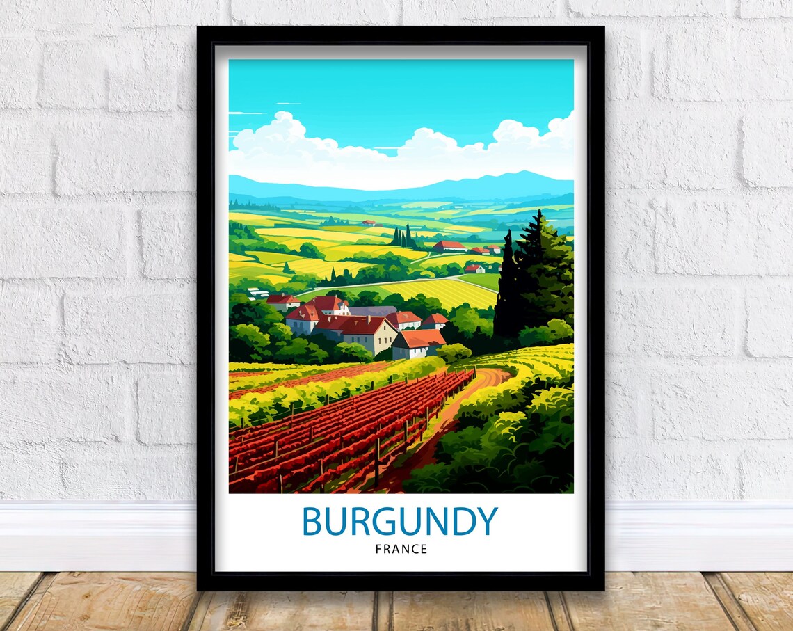 Burgundy France Vineyard Hills Travel Poster With Countryside Art