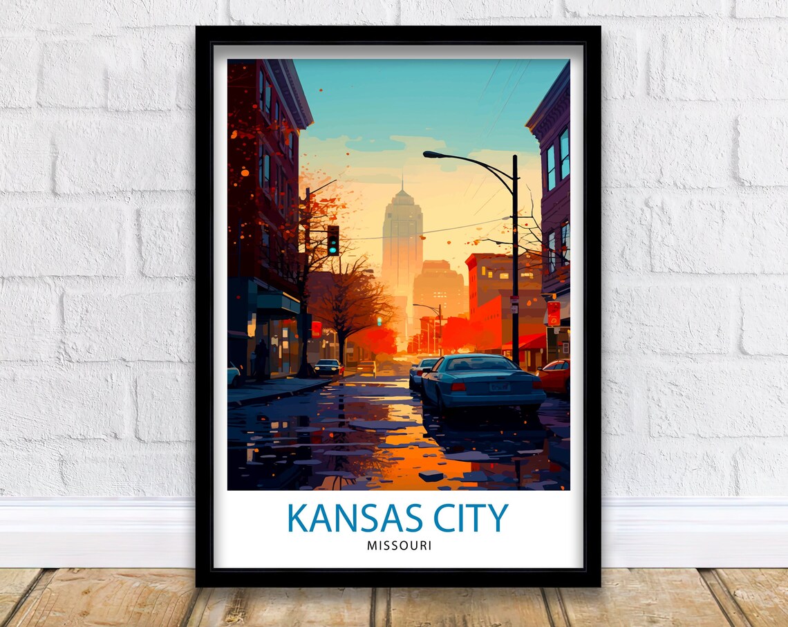 Kansas City Missouri Downtown Street Rain Glow Cars Urban Art Poster