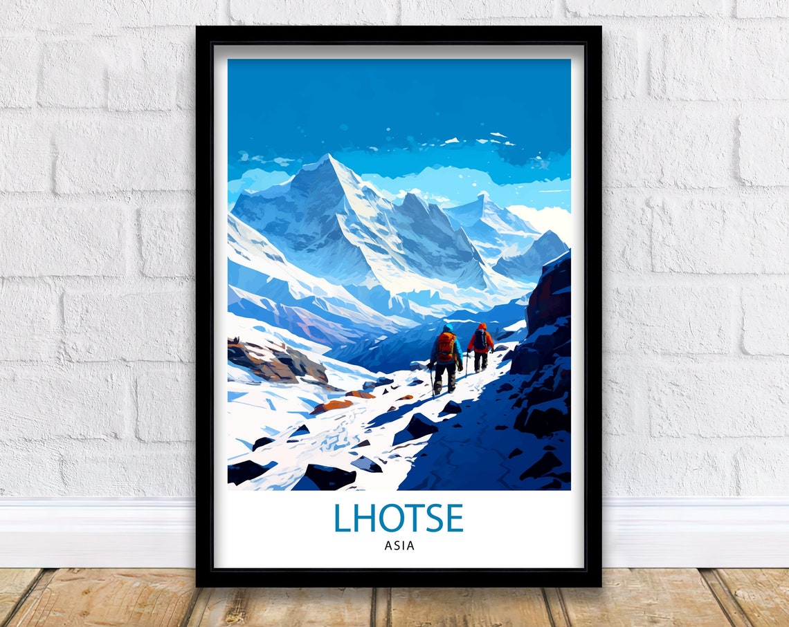 Lhotse Asia Himalayan Peak Climbers Snow Mountain Adventure Poster