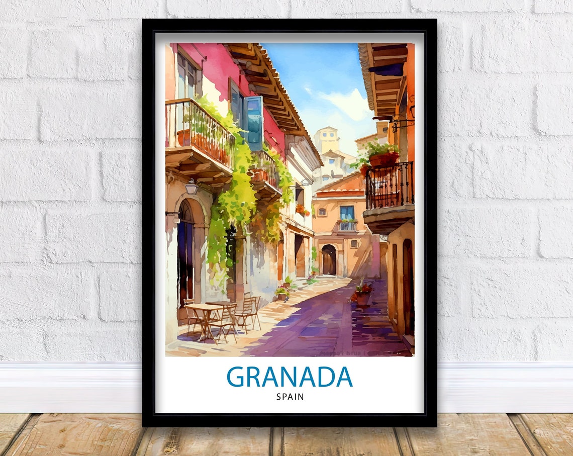 Granada Spain Watercolor Old Town Balconies Cafe Travel Poster