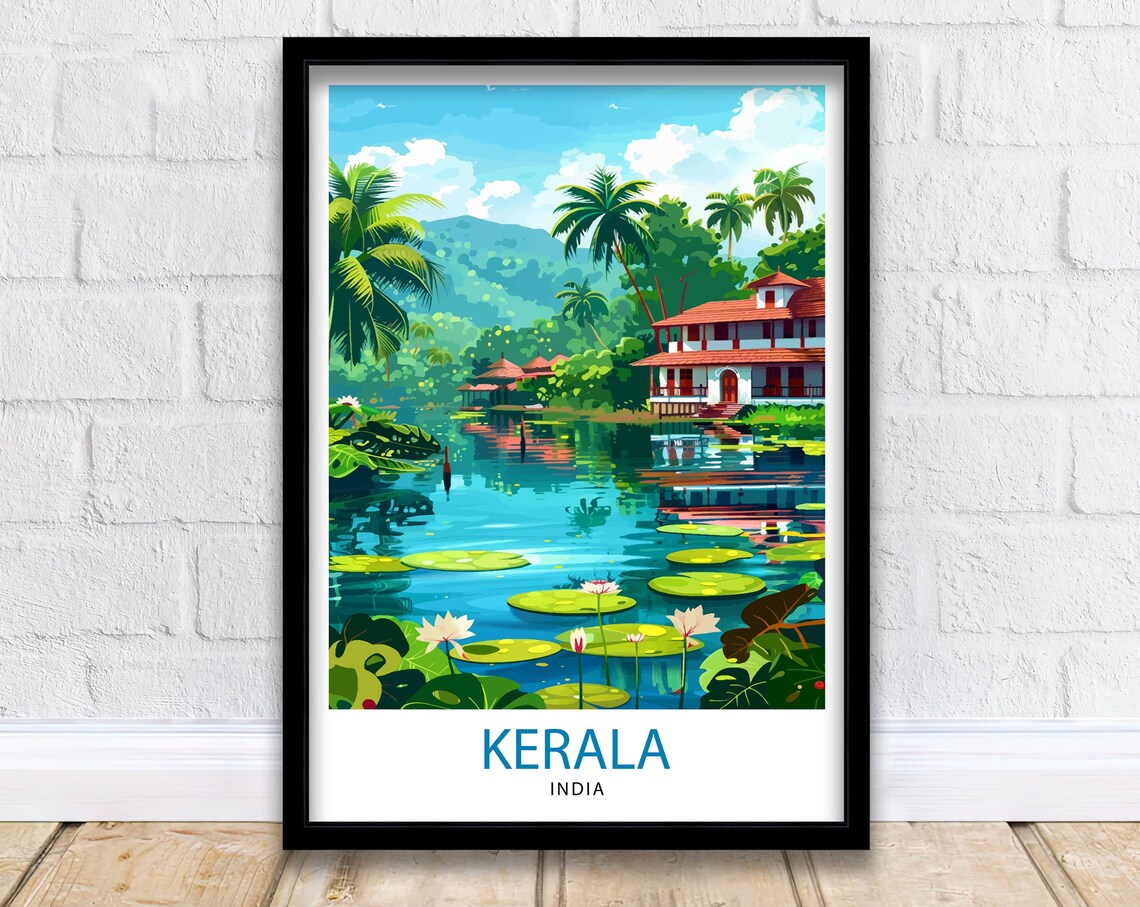 Kerala India Backwaters Palms Water Lilies Vintage Travel Poster