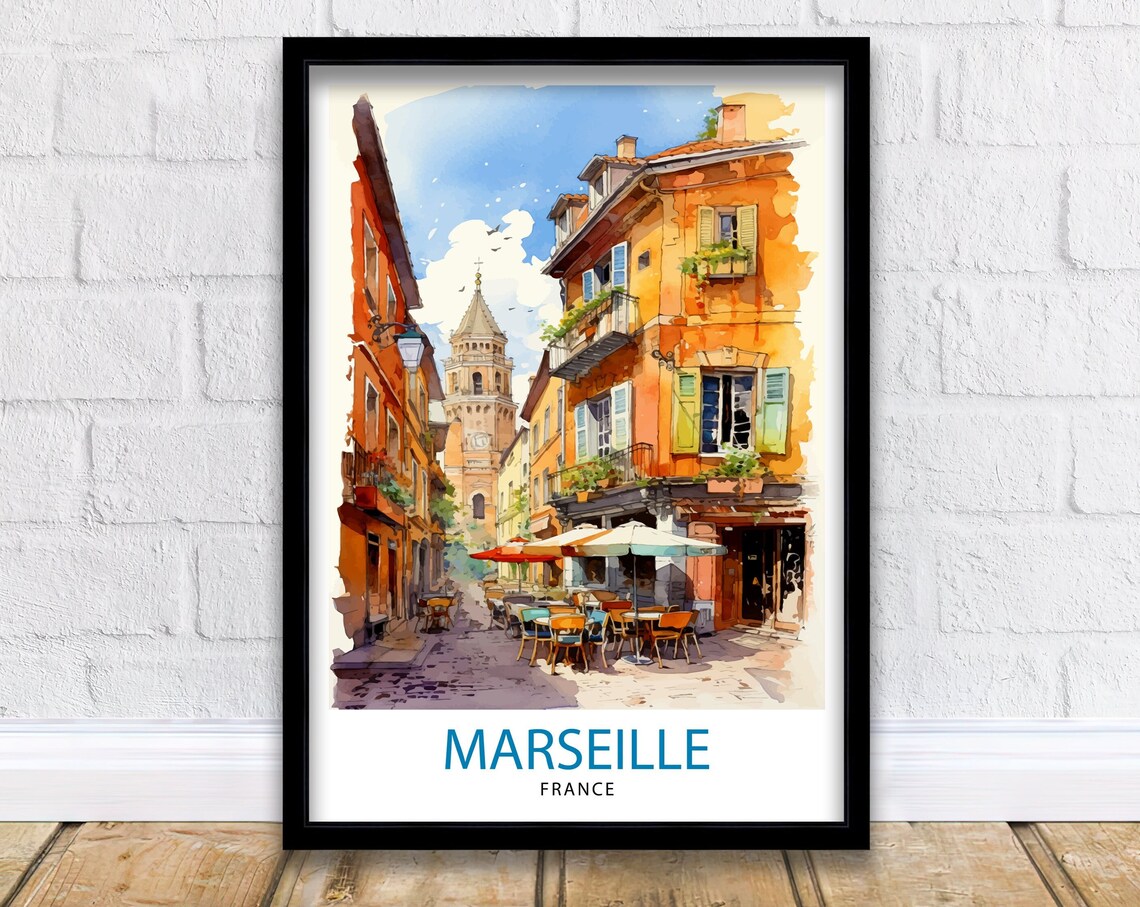 Marseille France Old Town Street Cafés Watercolor Scene Poster