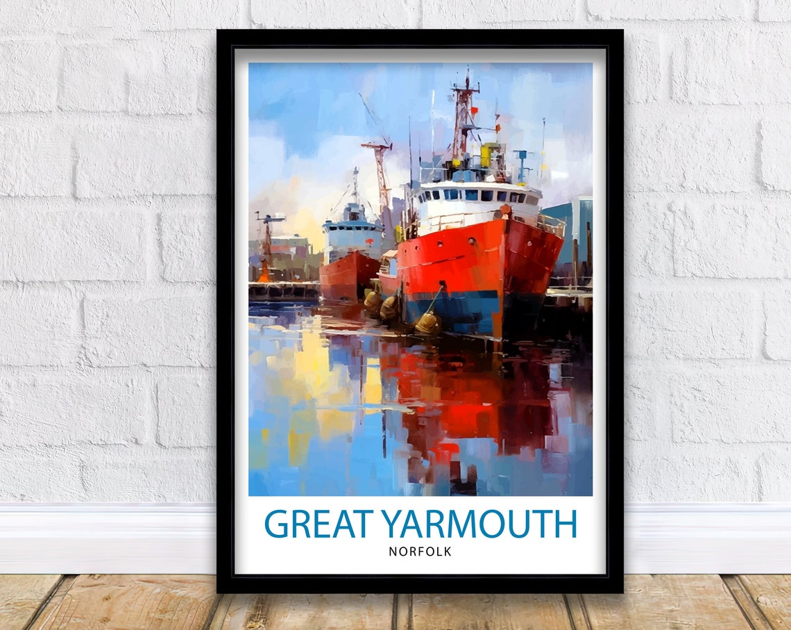 Great Yarmouth Norfolk Harbour Trawler Ships Painterly Travel Poster