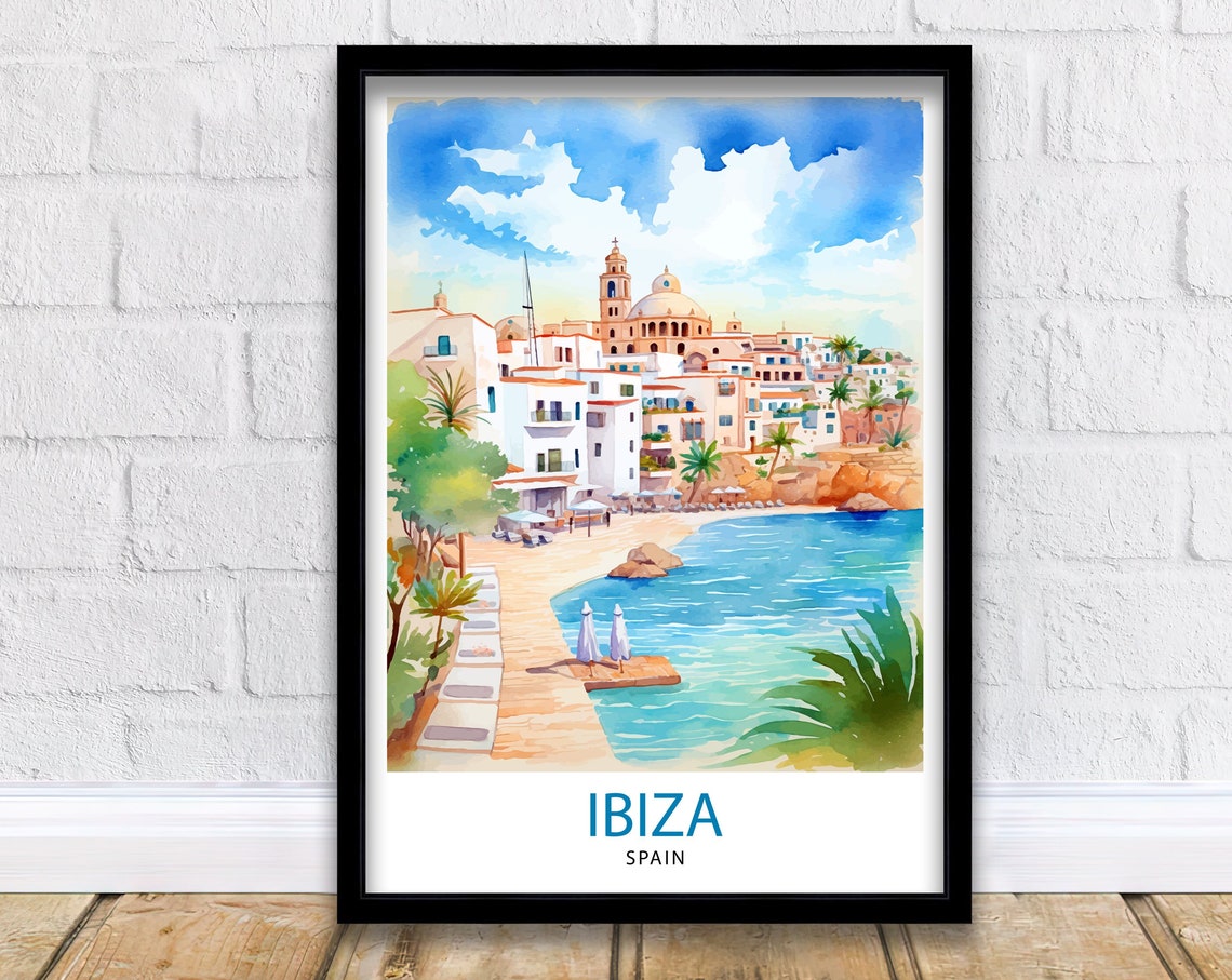 Ibiza Spain Seaside Old Town Beach Promenade Watercolor Poster