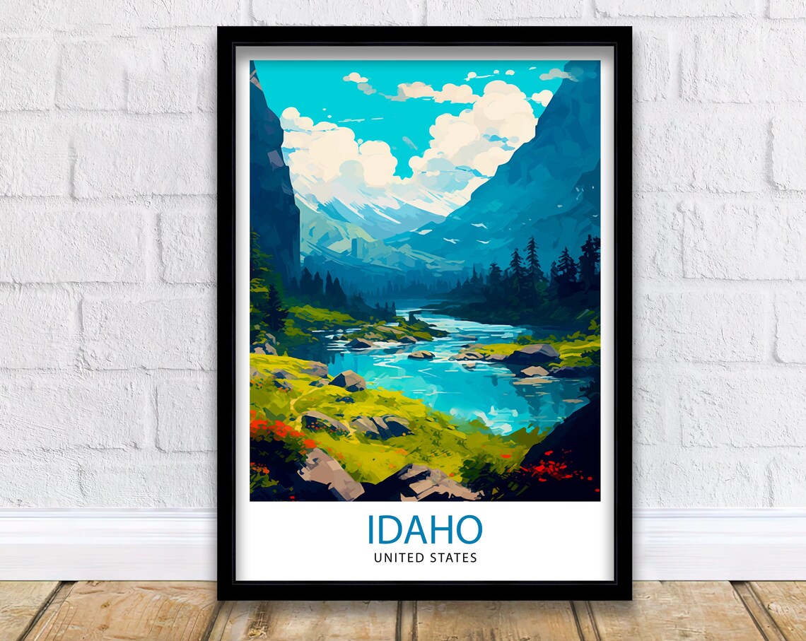 Idaho United States Mountain River Valley Pine Forest Travel Poster