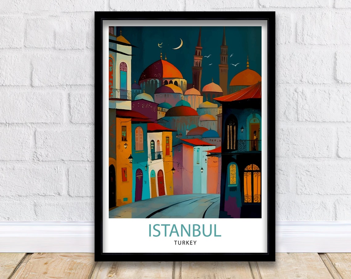 Istanbul Turkey Night City Domes Minarets Moonlight Travel Poster