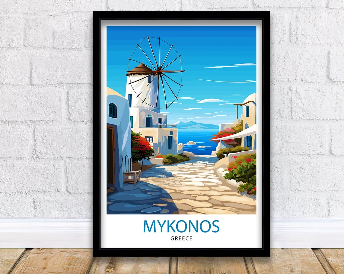 Mykonos Greece White Windmill Aegean Sea Illustrated Travel Poster