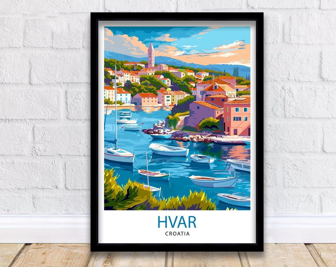 Hvar Croatia Sunlit Old Town Harbor Boats Church Tower View Poster