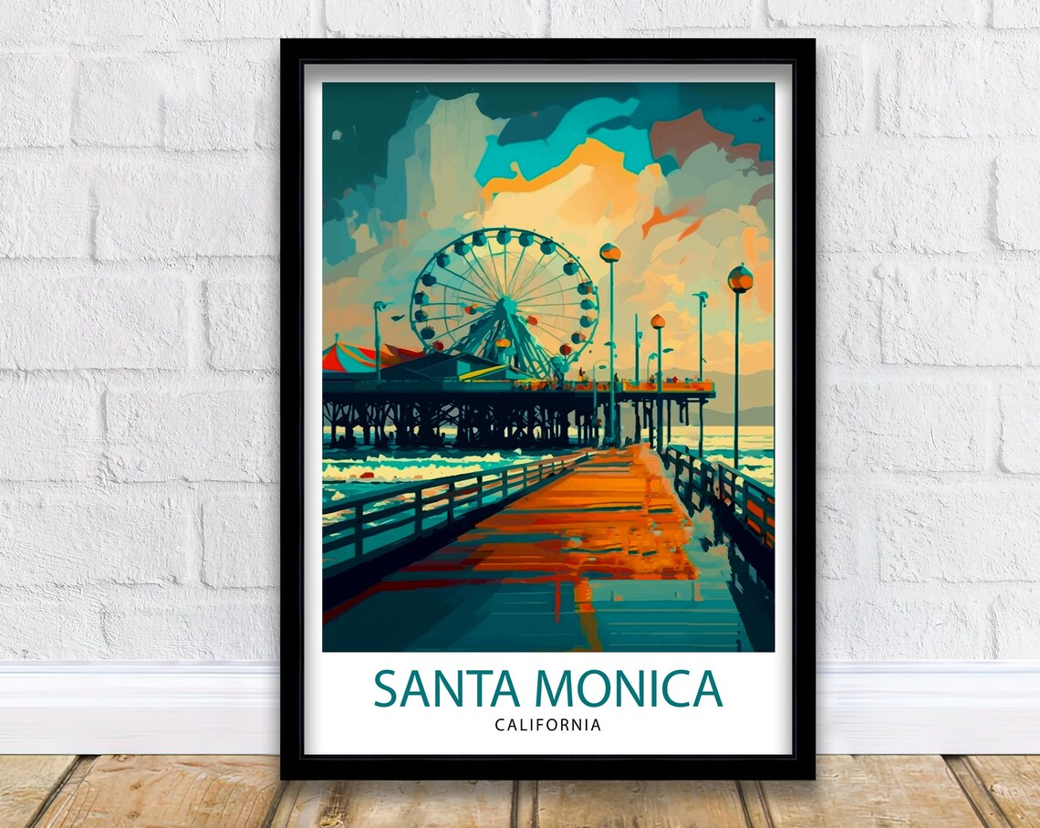 Santa Monica California Pier Ferris Wheel Sunset Travel Poster