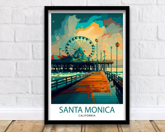 Santa Monica California Pier Ferris Wheel Sunset Travel Poster