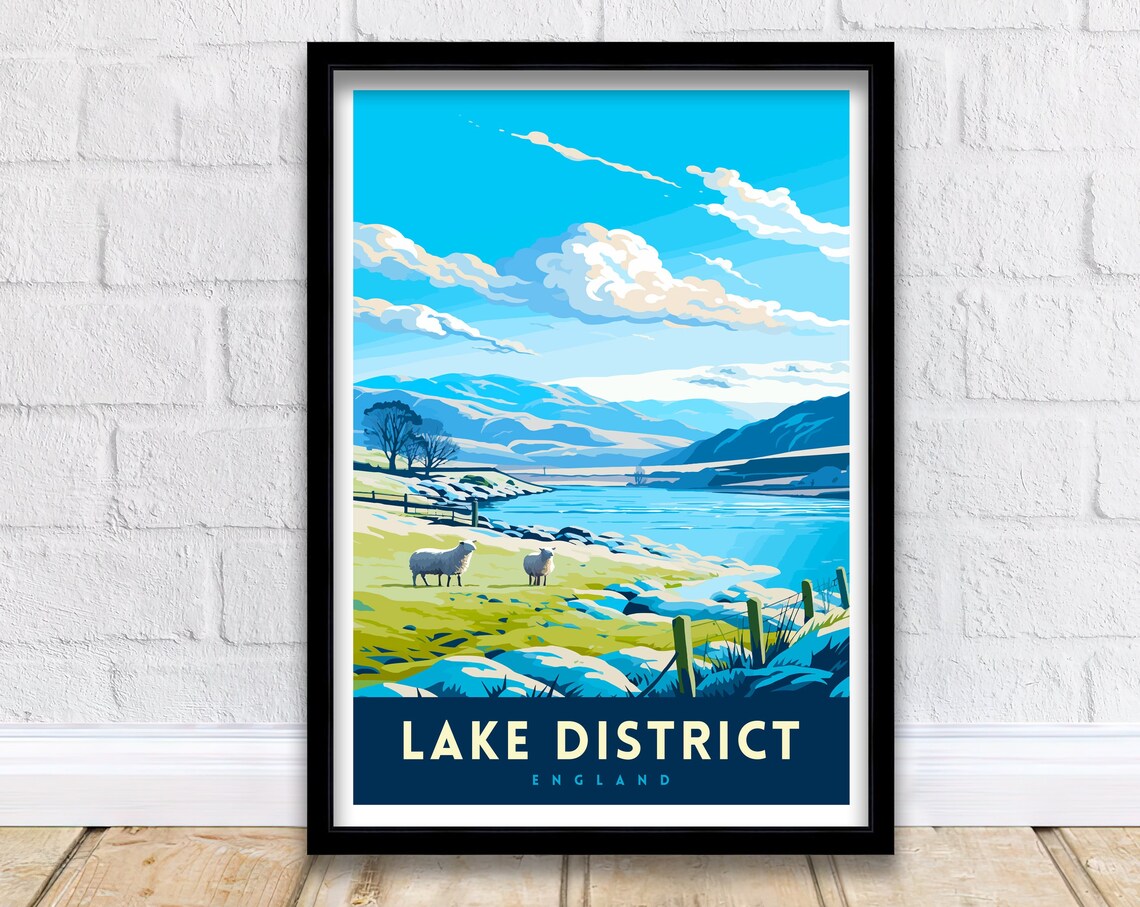 Lake District England Winter Sheep Snowy Lakeshore Travel Poster