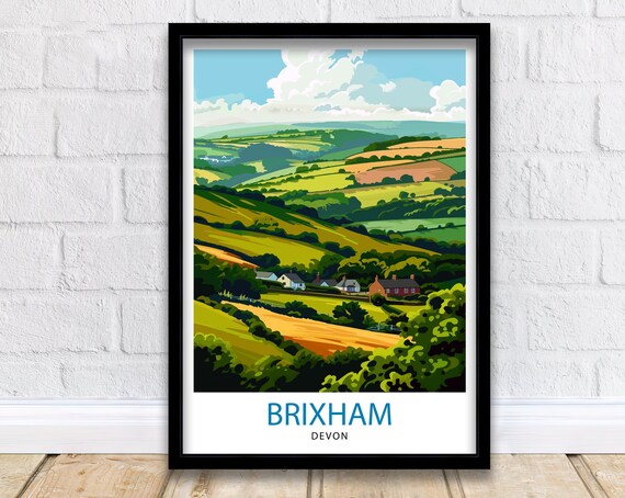Brixham Devon Green Rolling Hills English Countryside Travel Poster