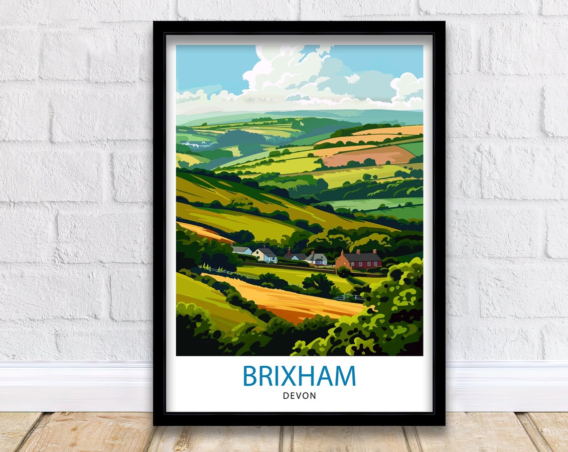 Brixham Devon Green Rolling Hills English Countryside Travel Poster