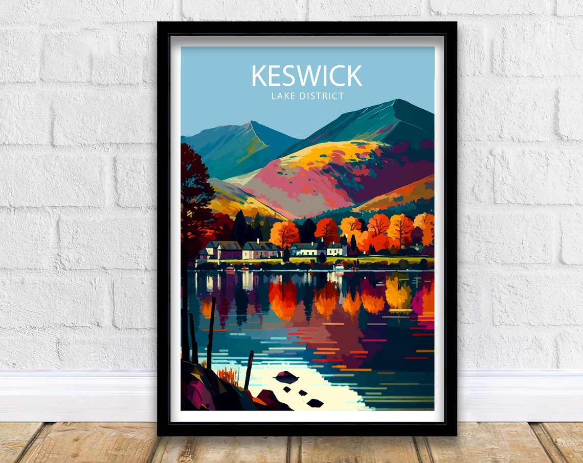 Keswick Lake District Autumn Mountain Lake Reflection Travel Poster