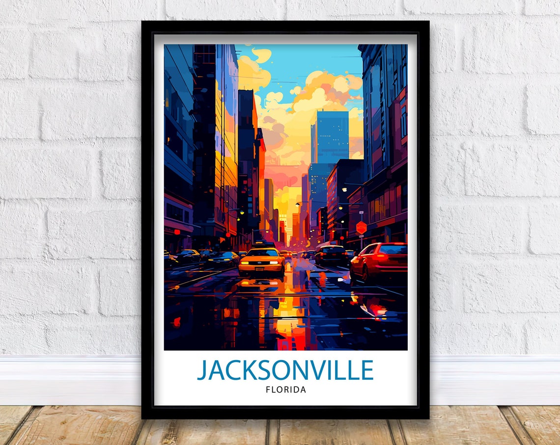 Jacksonville Florida Downtown Wet Street Night Travel Poster
