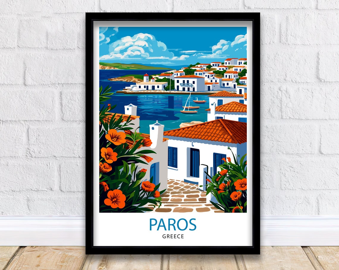 Paros Greece Cycladic Village Harbor Flowers View Travel Poster
