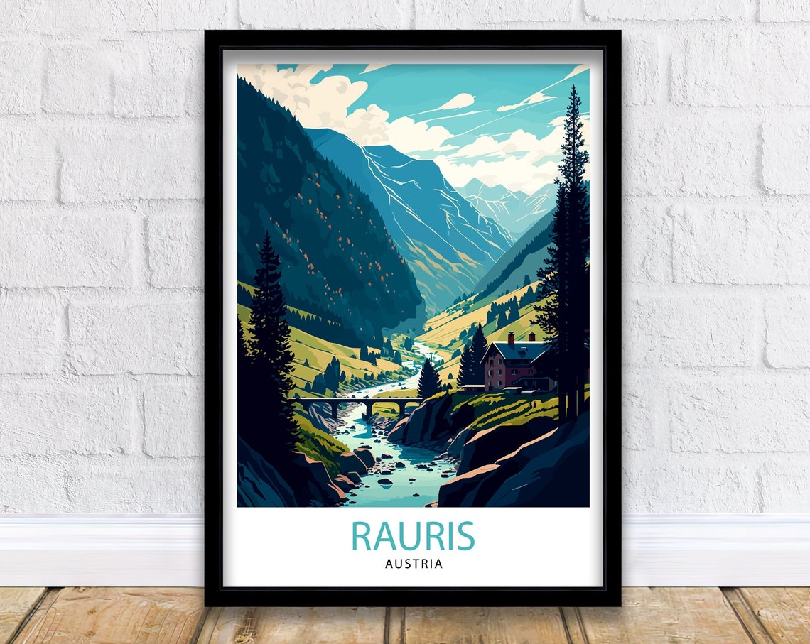 Rauris Austria Alpine Valley River Bridge Vintage Travel Poster