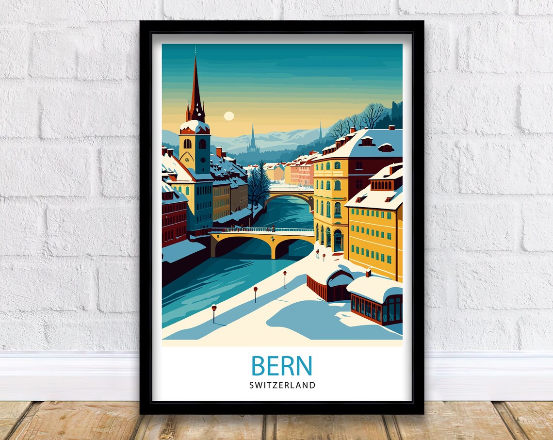 Bern Switzerland Snowy Old Town River Church Winter Travel Poster