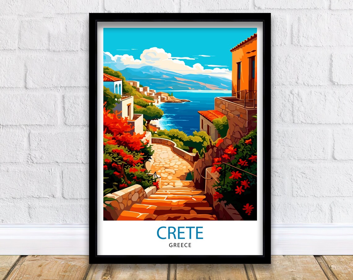 Crete Greece Stone Stairway To The Sea Coastal Village Travel Poster