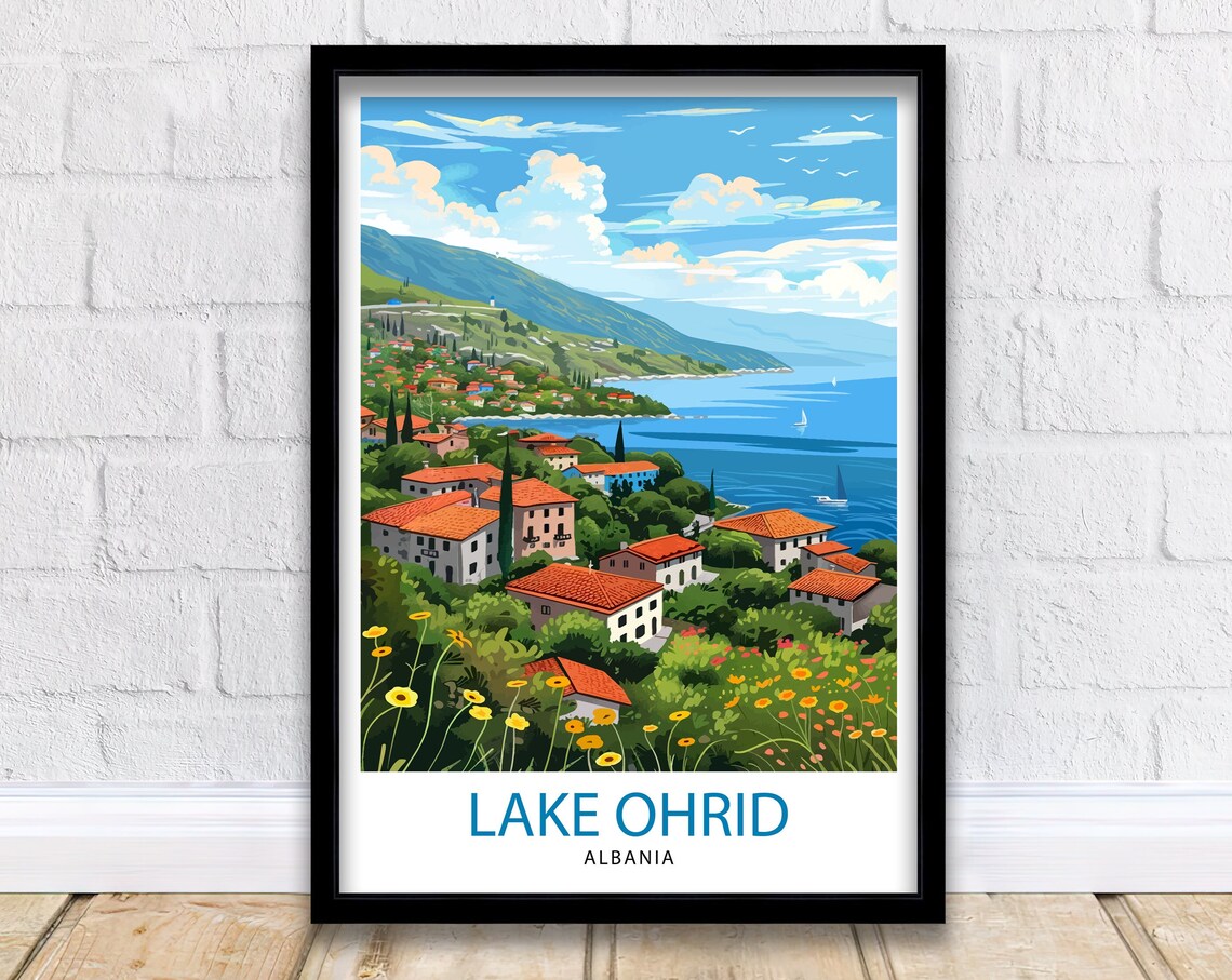 Lake Ohrid Albania Lakeside Town Flowers Scenic Travel Poster